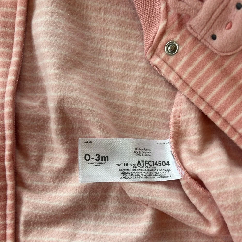 Carters 0-3 Months Pink Striped Bunny Long-Sleeve Wearable Blanket Sleep Sak